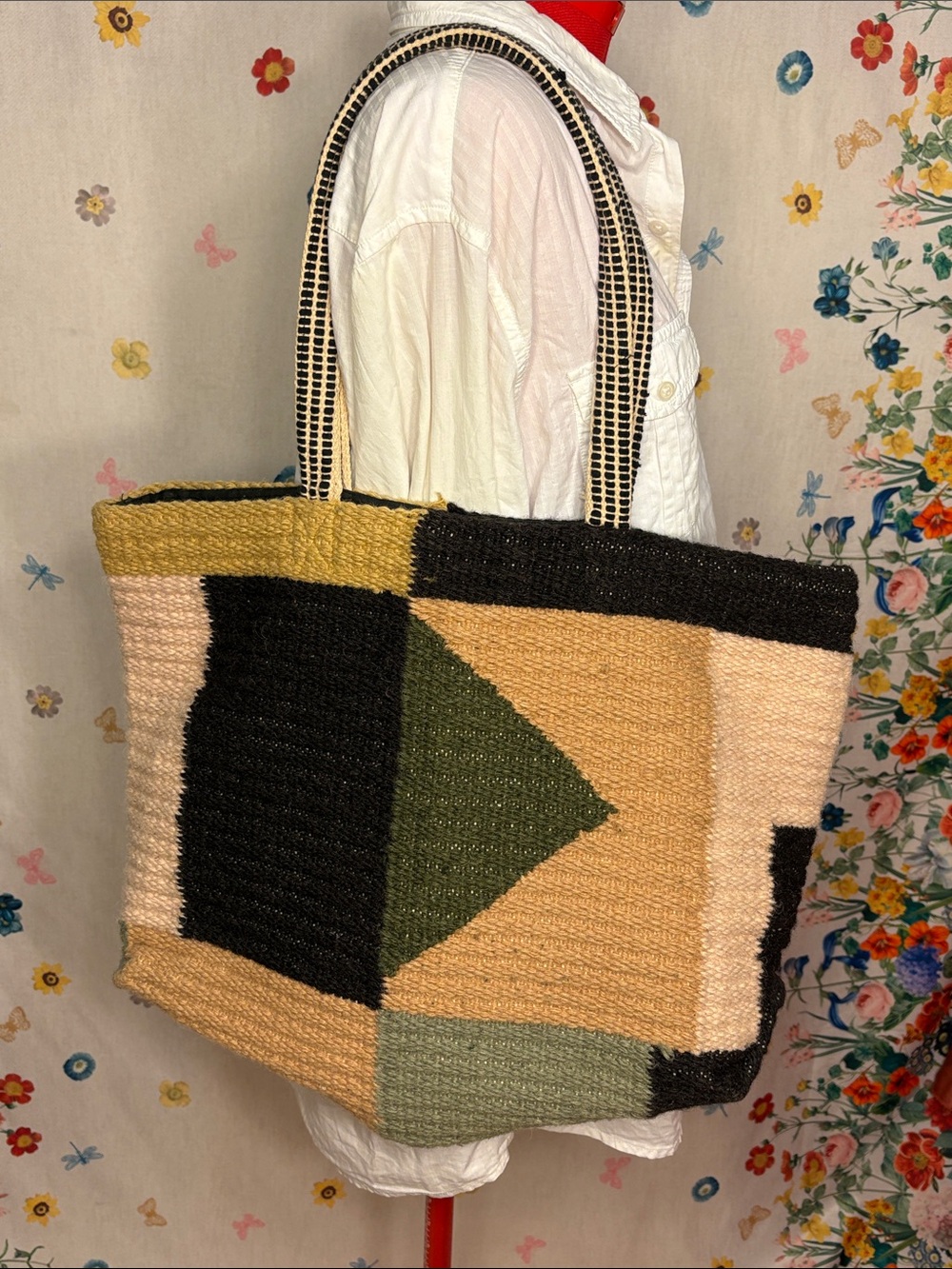 BDG - Wool Southwestern Style Geometric Woven Tote in Black, Olive & Tan Travel